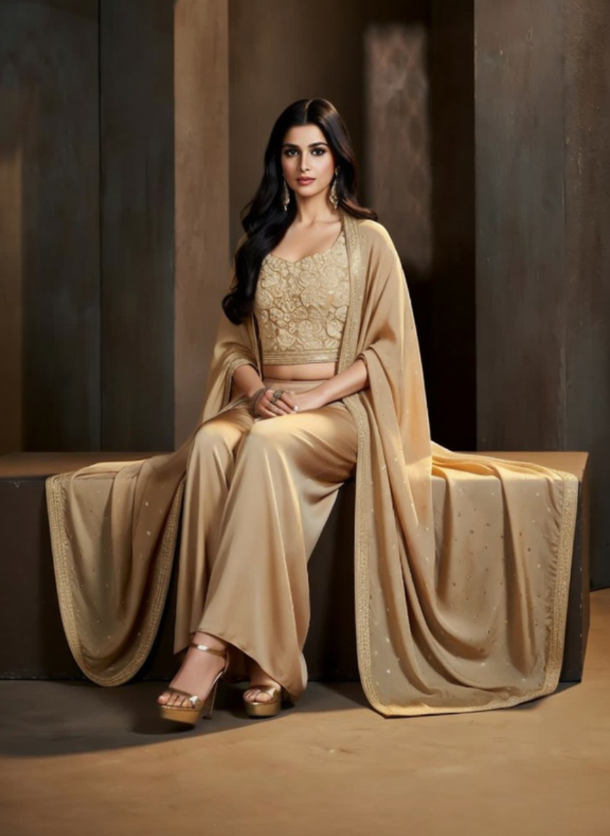 Elegant Beige Gold Embroidered Indo Western 3 Piece Set for Women