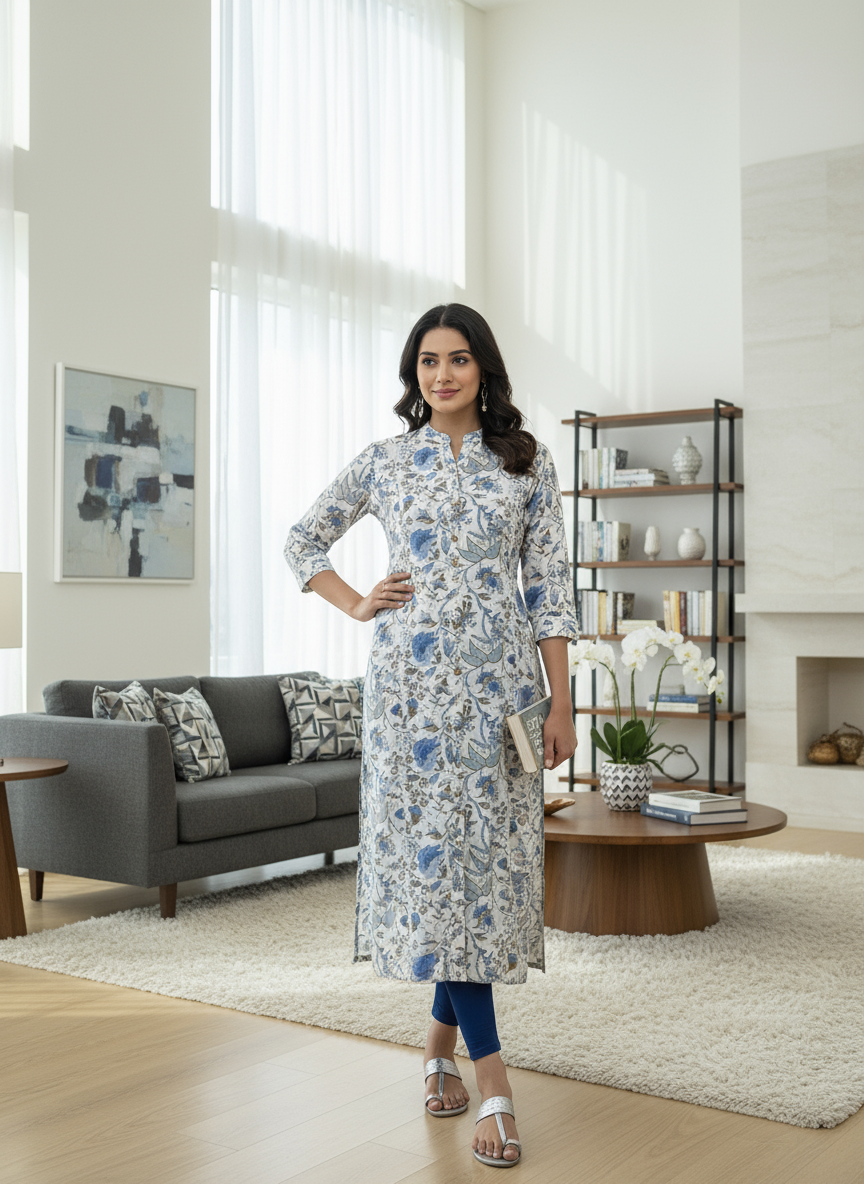 Women’s Cotton Kurti White & Blue Floral Ethnic Wear