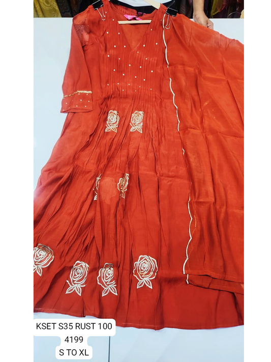 Rust Floral Embroidered Anarkali Kurta Set with Dupatta for Women