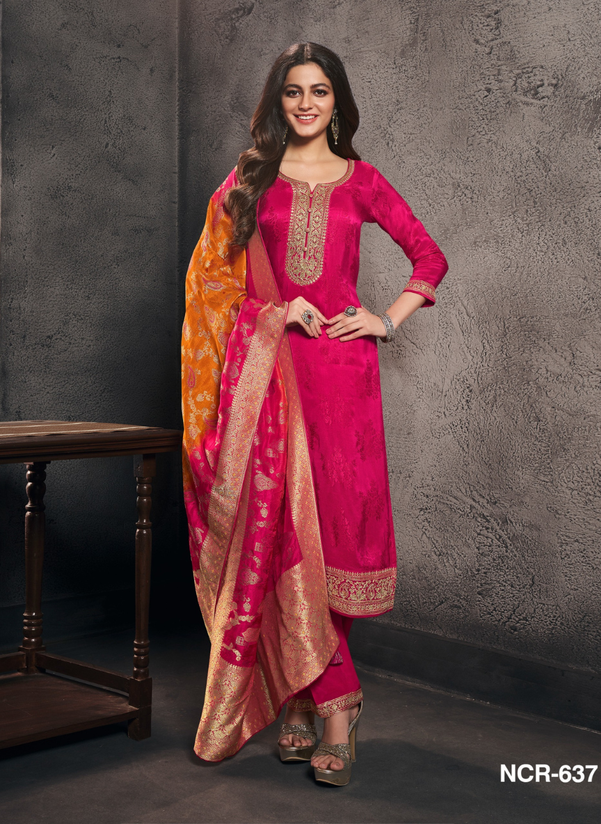 Rani Pink Silk Straight Suit 3 Piece Set for Women