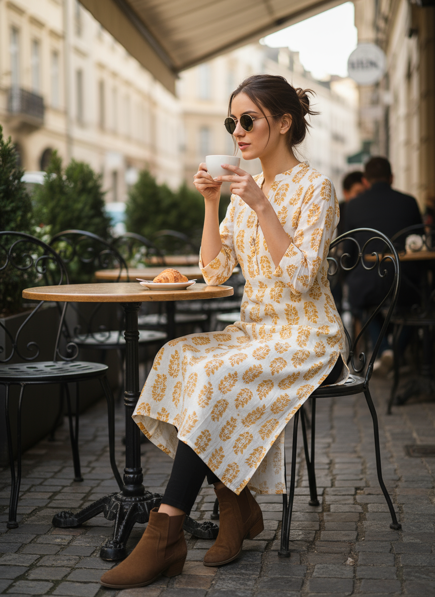 Women’s White Kurti with Mustard Leaf Print Cotton Ethnic Wear