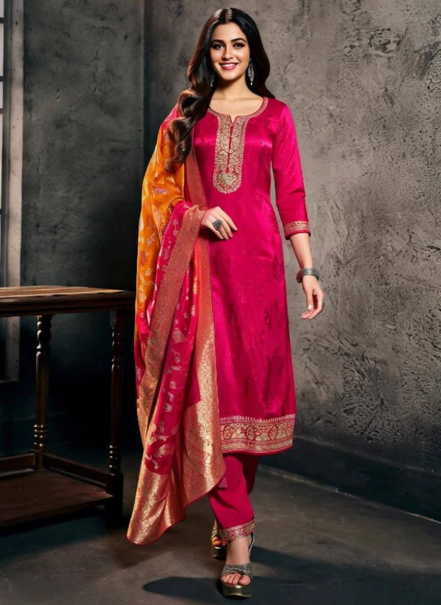 Rani Pink Silk Straight Suit 3 Piece Set for Women