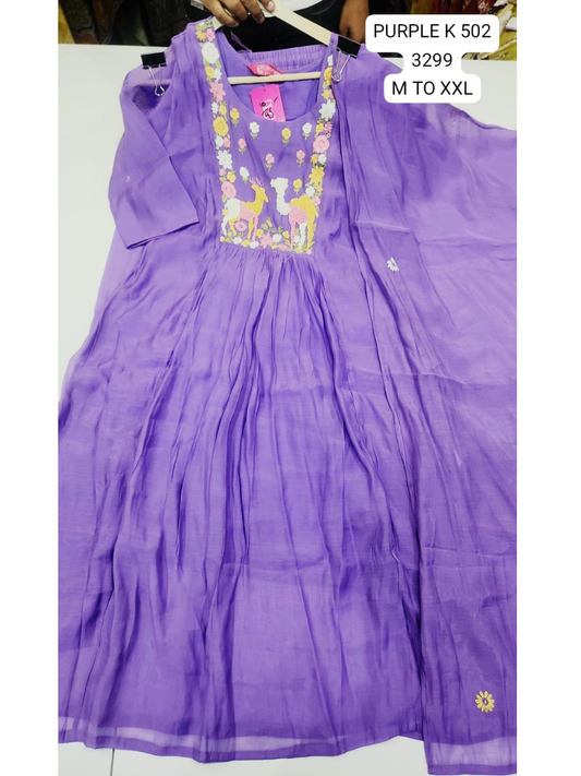 Purple Floral Embroidered Anarkali Kurta Set with Dupatta for Women