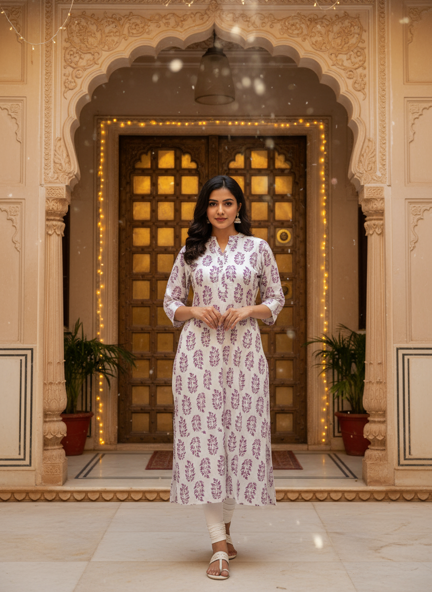 Women’s Elegant Purple Leaf Printed Kurti Cotton Ethnic Wear