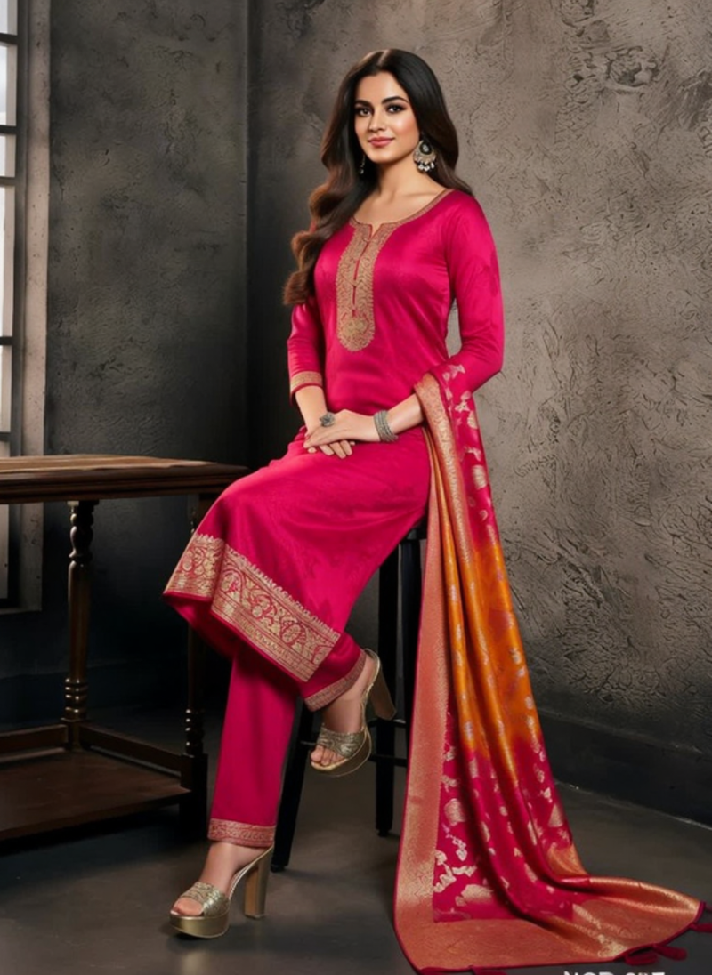 Rani Pink Silk Straight Suit 3 Piece Set for Women