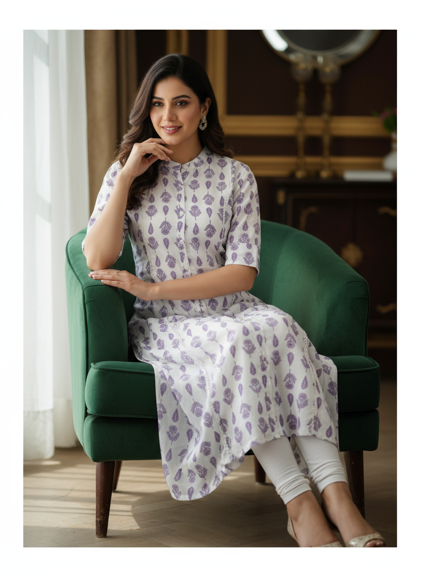 Women Elegant White Cotton Kurti with Lavender Floral Print Handblock Style