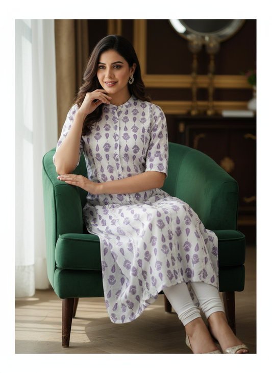 Women Elegant White Cotton Kurti with Lavender Floral Print Handblock Style