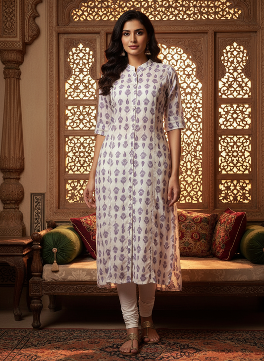 Women Elegant White Cotton Kurti with Lavender Floral Print Handblock Style