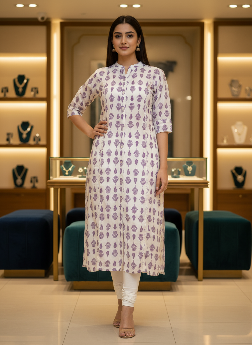 Woman wearing white and purple printed kurti with leggings at Encourage Fashion store