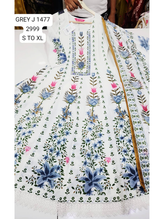 Elegant White Floral Printed Anarkali Suit Set with Dupatta for Women