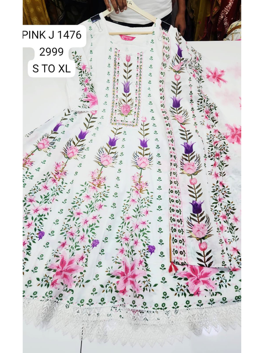 White & Pink Floral Printed Anarkali Suit Set with Dupatta for Women
