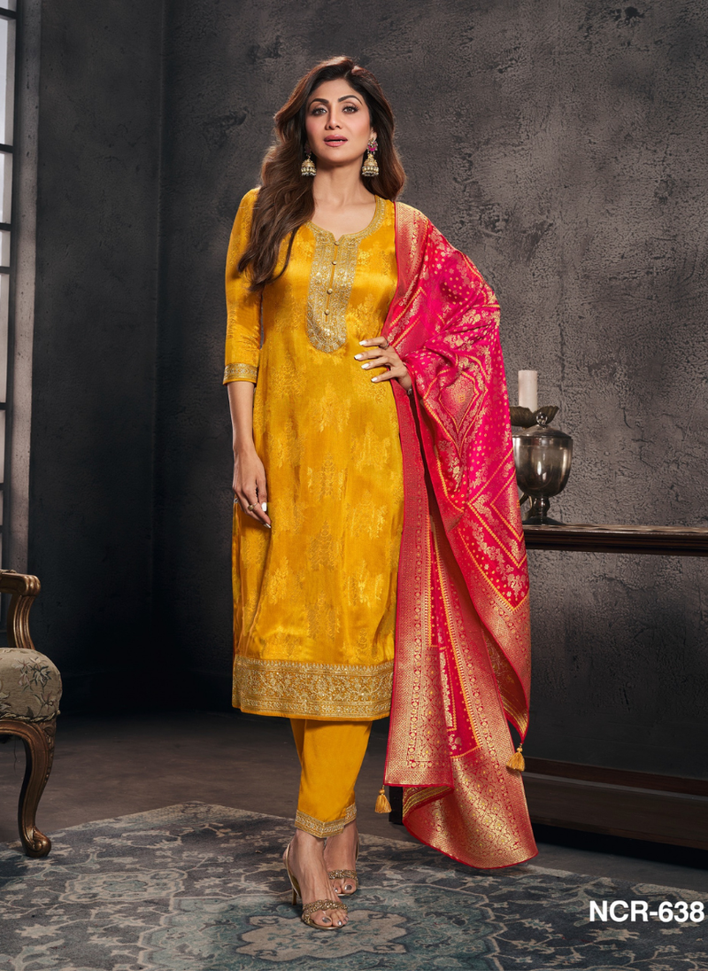Mustard Yellow Silk Straight Suit 3 Piece Set for Women
