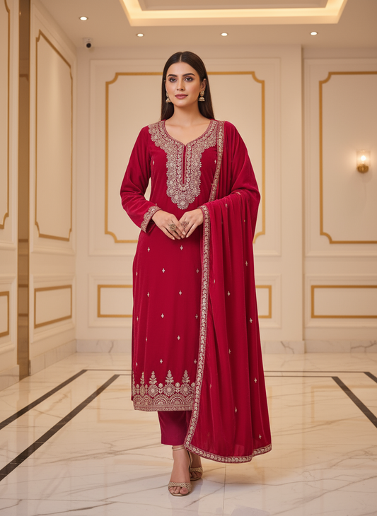 Velvet Embroidered Magenta Kurta Set with Zari and Stone Work – Festive & Wedding Wear