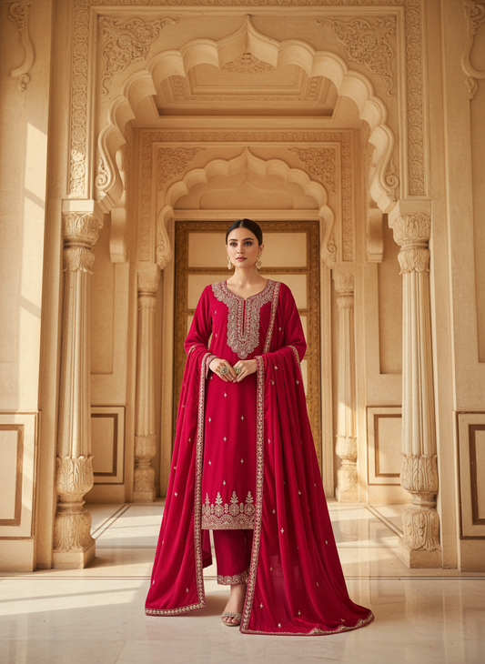Velvet Embroidered Magenta Kurta Set with Zari and Stone Work – Festive & Wedding Wear