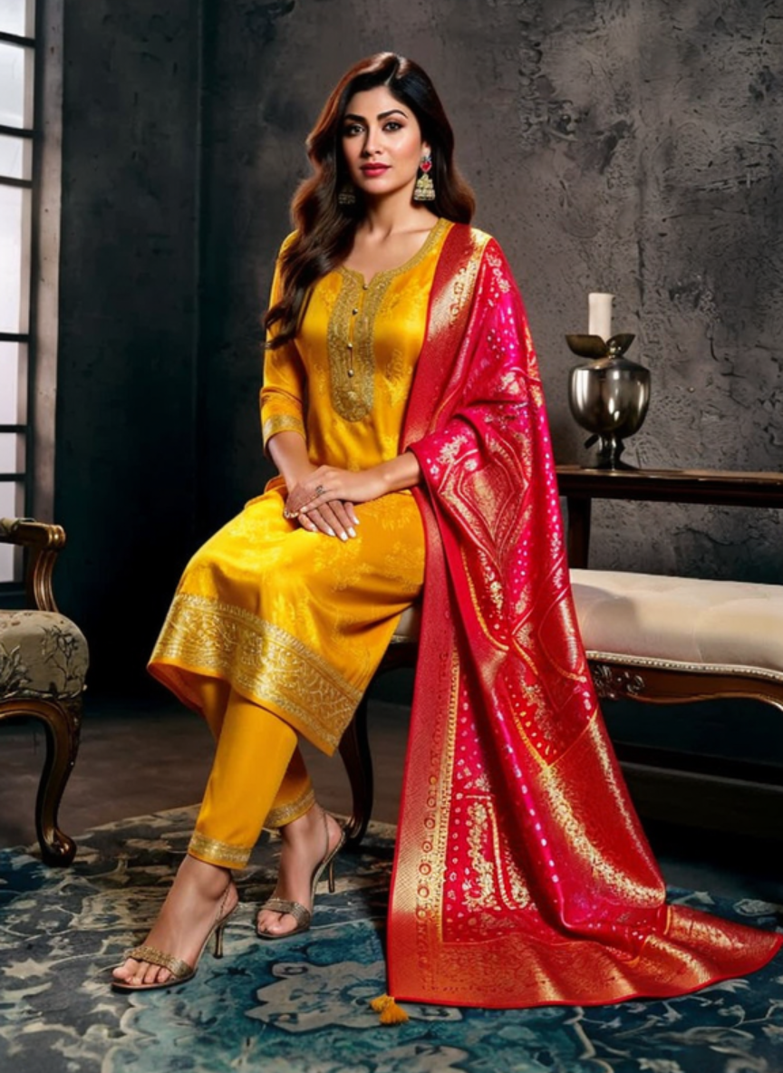 Mustard Yellow Silk Straight Suit 3 Piece Set for Women