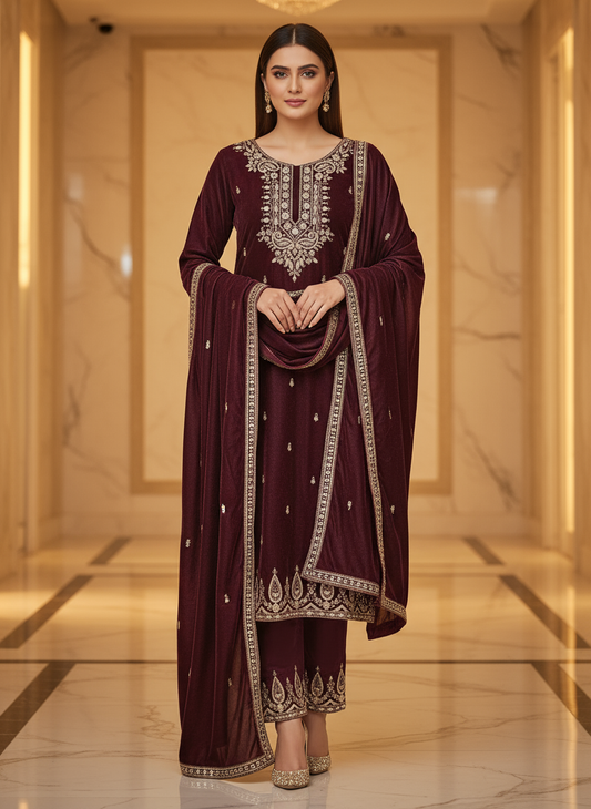Royal Maroon Velvet Embroidered Kurta Set with Golden Zari & Stone Work – Festive & Wedding Wear