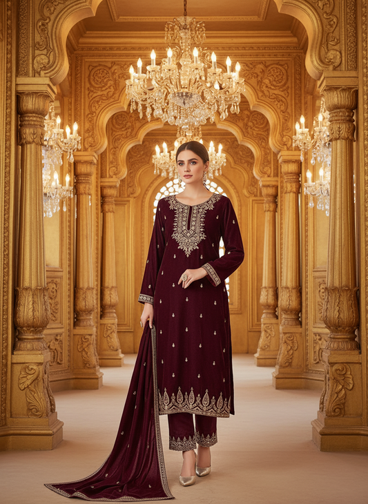 Royal Maroon Velvet Embroidered Kurta Set with Golden Zari & Stone Work – Festive & Wedding Wear