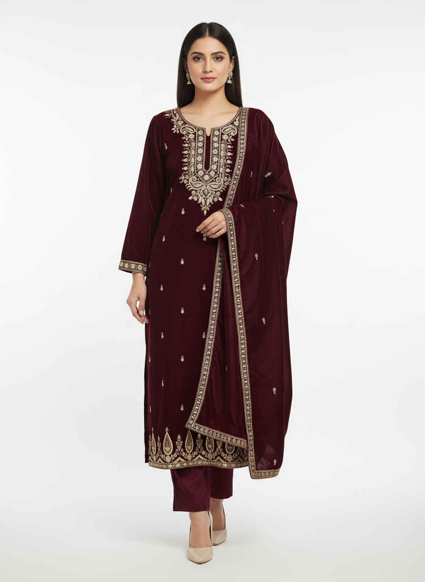 Royal Maroon Velvet Embroidered Kurta Set with Golden Zari & Stone Work – Festive & Wedding Wear