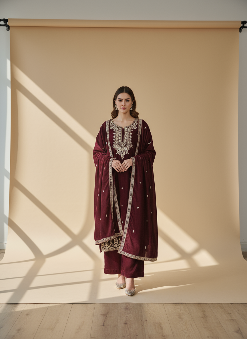 Royal Maroon Velvet Embroidered Kurta Set with Golden Zari & Stone Work – Festive & Wedding Wear