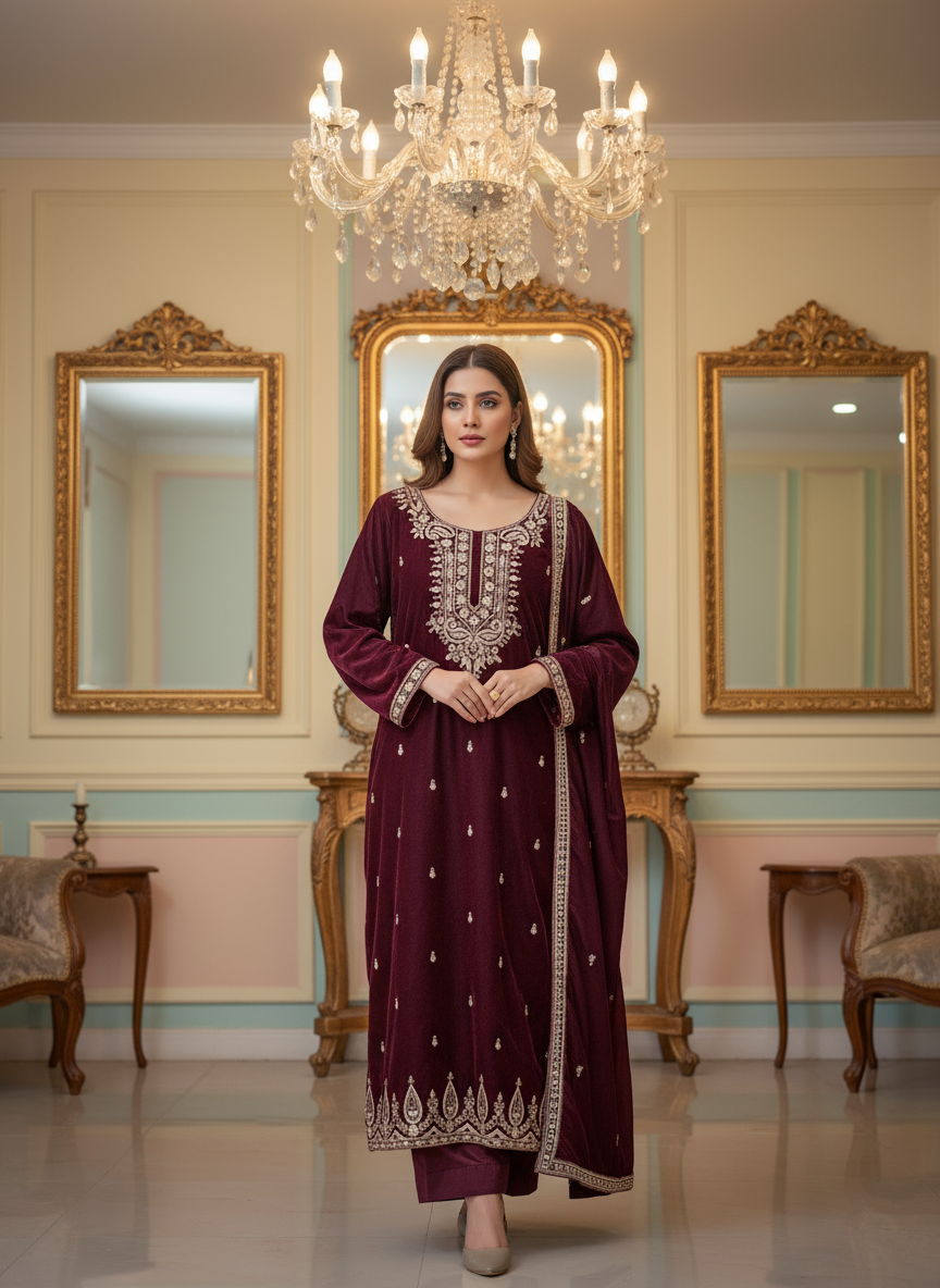 Royal Maroon Velvet Embroidered Kurta Set with Golden Zari & Stone Work – Festive & Wedding Wear