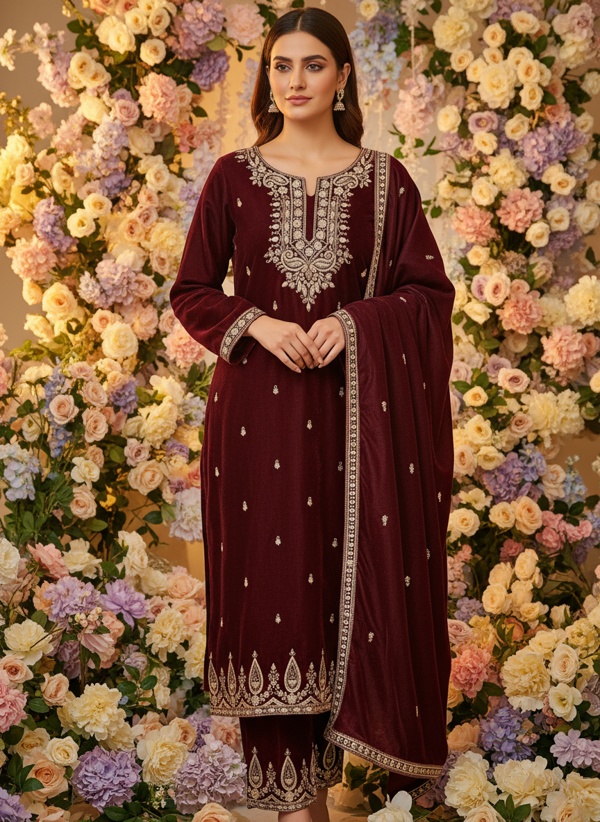 Royal Maroon Velvet Embroidered Kurta Set with Golden Zari & Stone Work – Festive & Wedding Wear