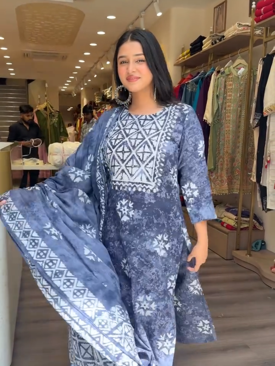 Blue Geometric Printed Kurta Set with Dupatta for Women | Trendy Ethnic Wear