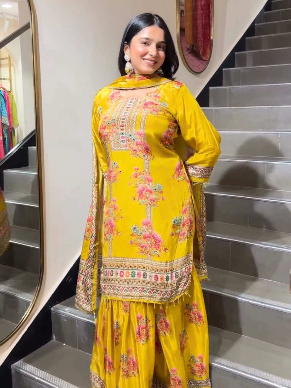 Mustard Yellow Floral Printed Sharara Suit Set with Dupatta for Women