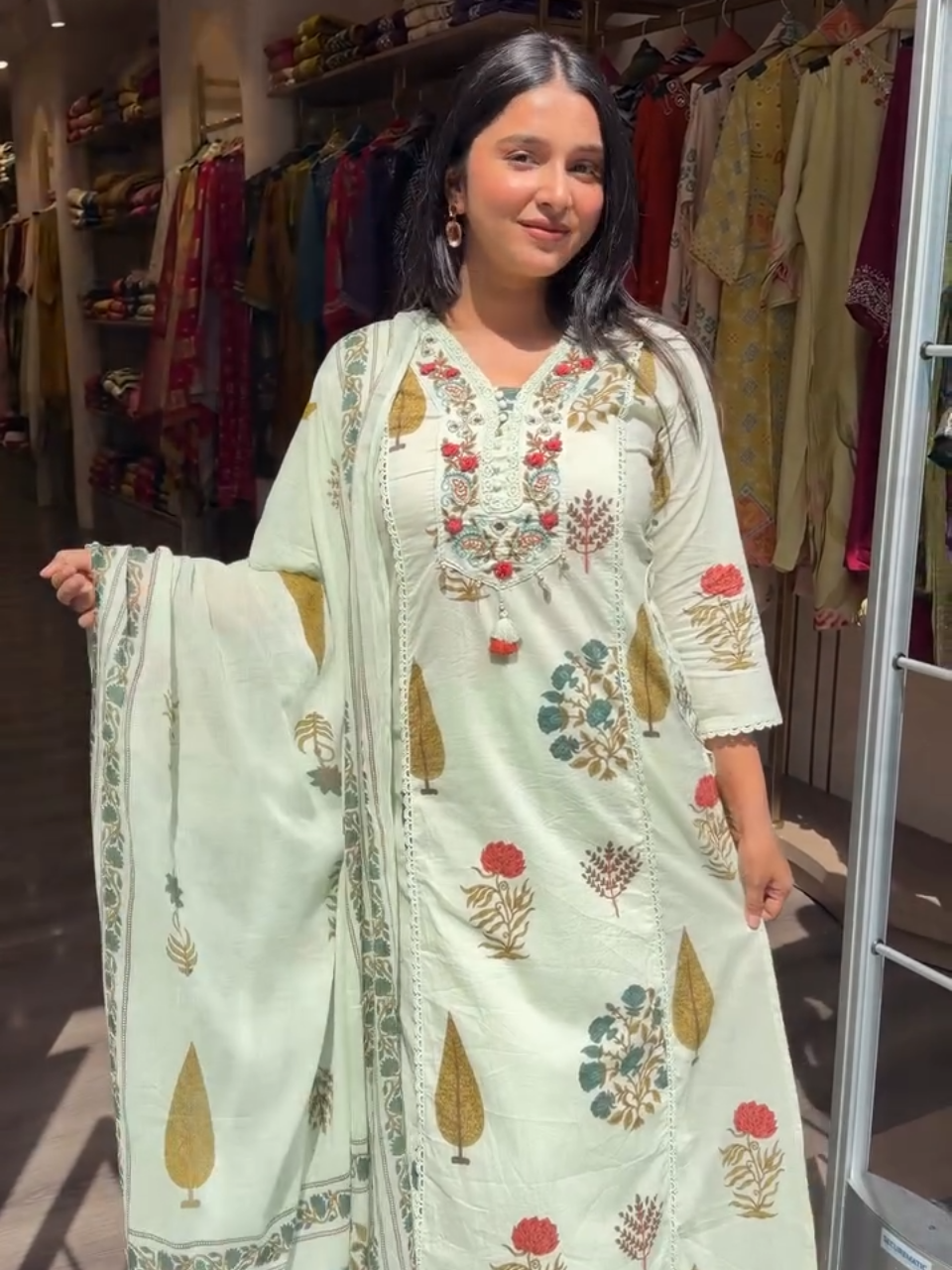 Elegant Sage Green Floral Printed Kurta Pant Set with Dupatta for Women