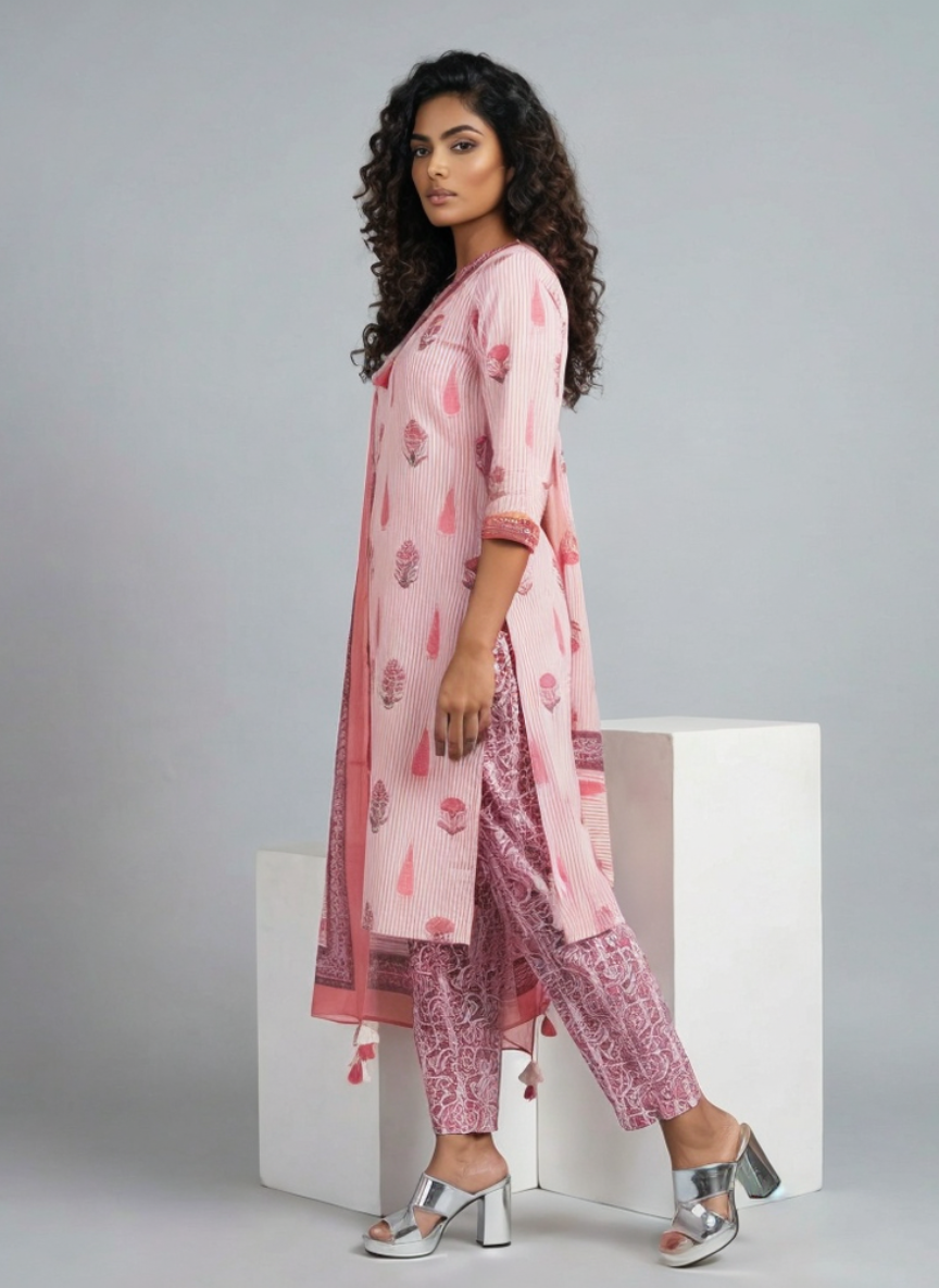 Women Pink Printed Cotton Kurta Pant Dupatta Set