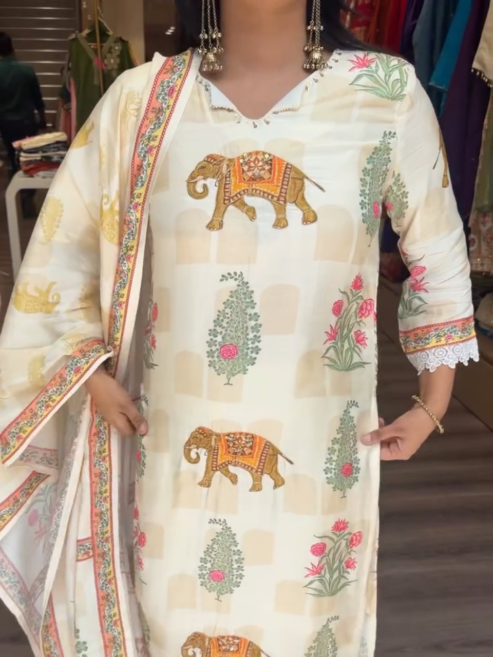 Cream Elephant Printed Kurta Set with Dupatta for Women | Elegant Ethnic Wear