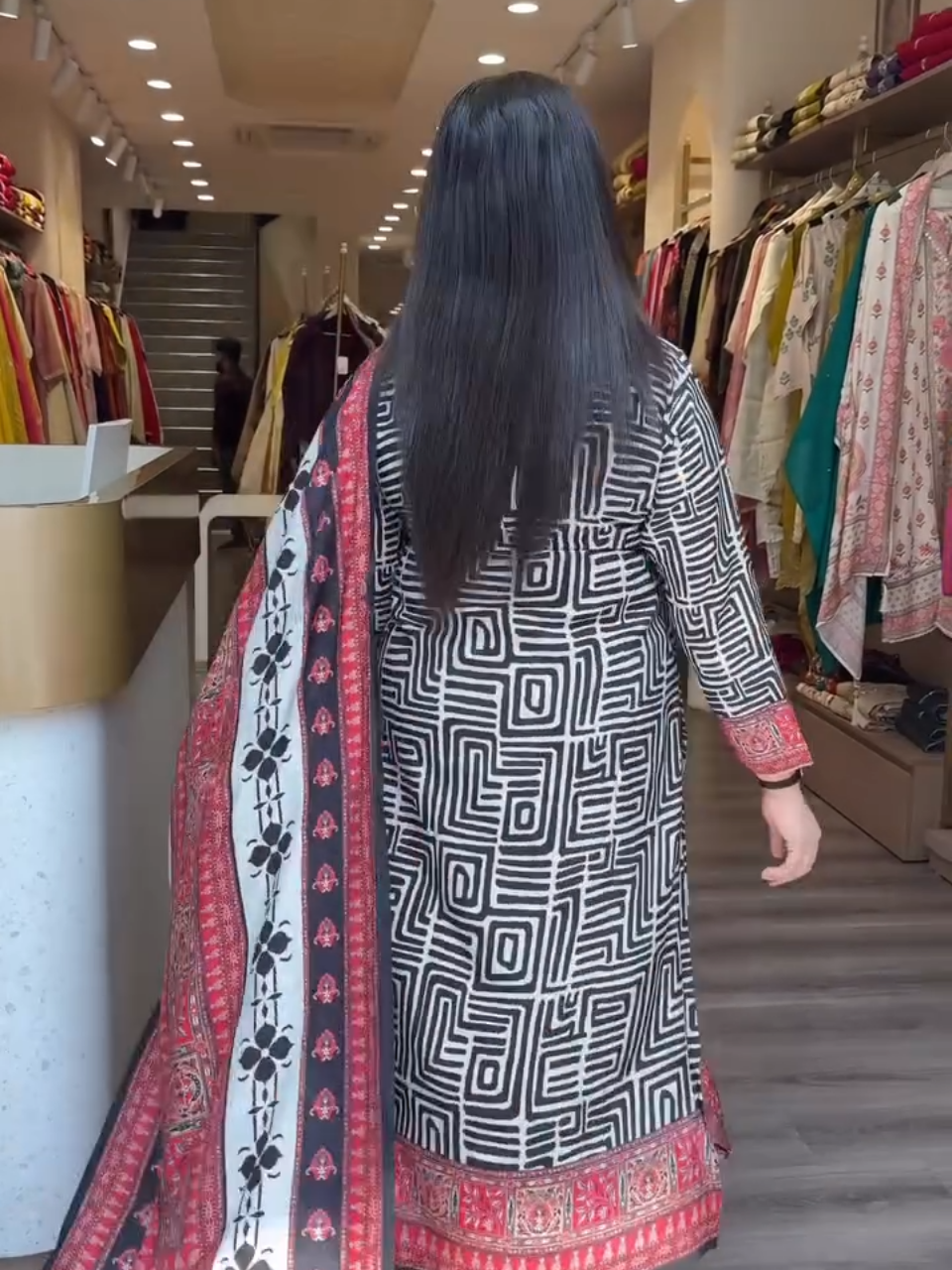 Trendy Black & Red Geometric Printed Salwar Kameez with Matching Dupatta