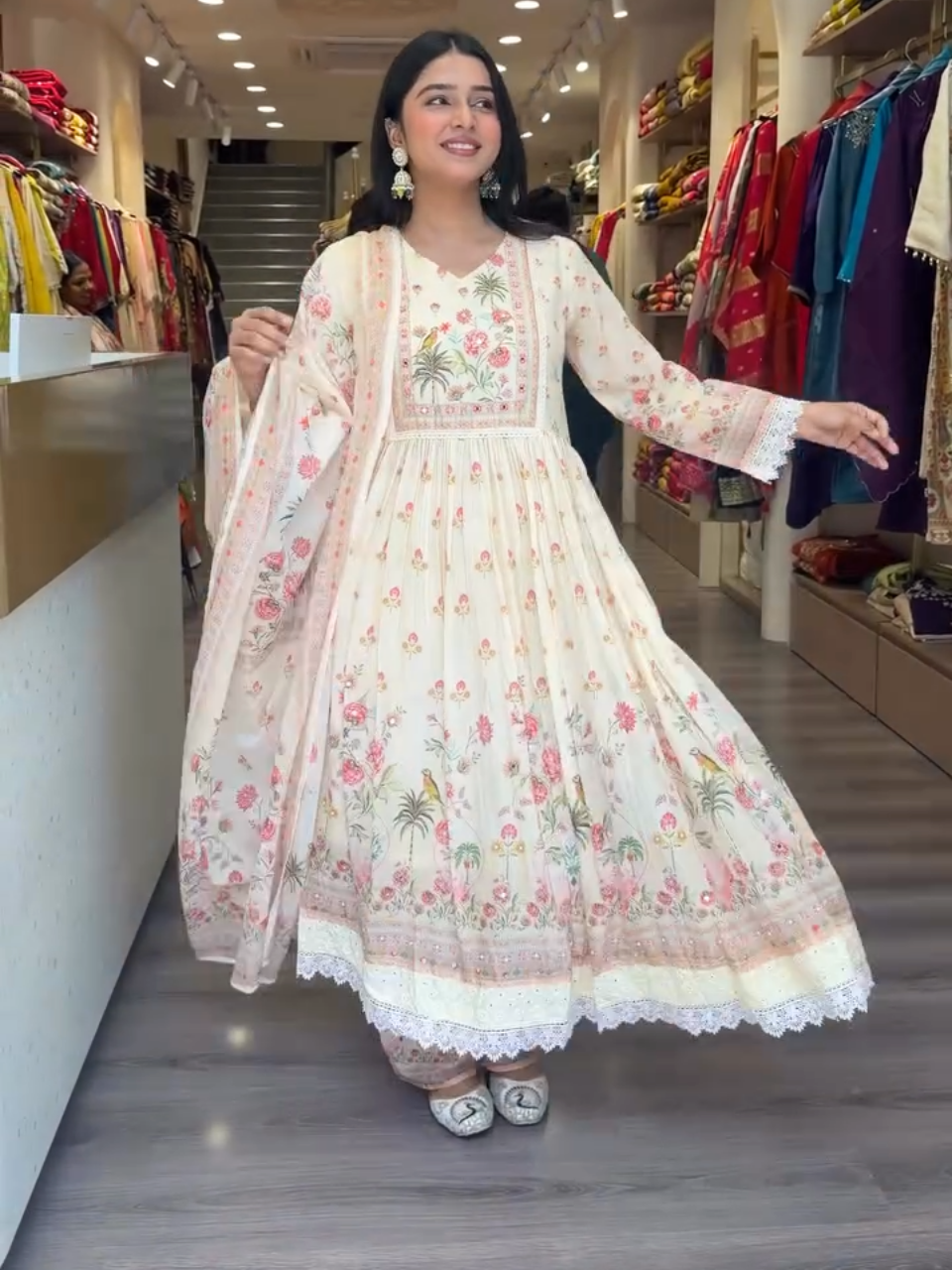 Elegant Floral Anarkali Suit with Dupatta for Women – Cream Pink Ethnic Wear