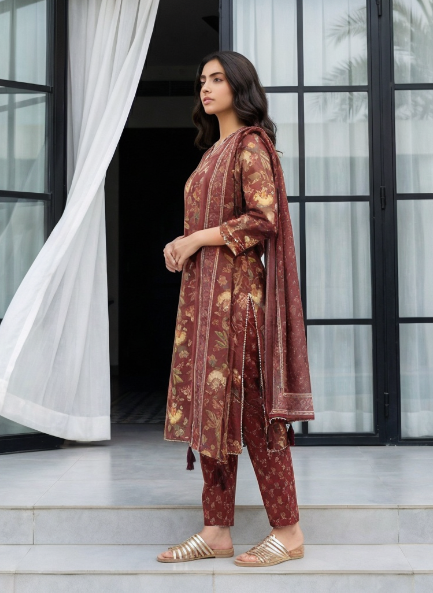 Onion Color Floral Printed Straight Kurta Pant Set with Dupatta for Women