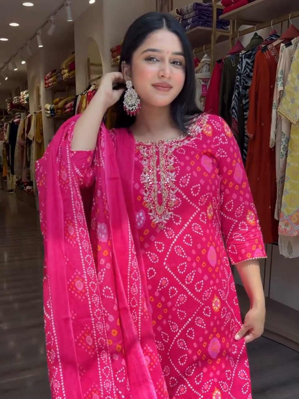 Rani Pink Bandhani Printed Cotton Kurta Set with Dupatta for Women