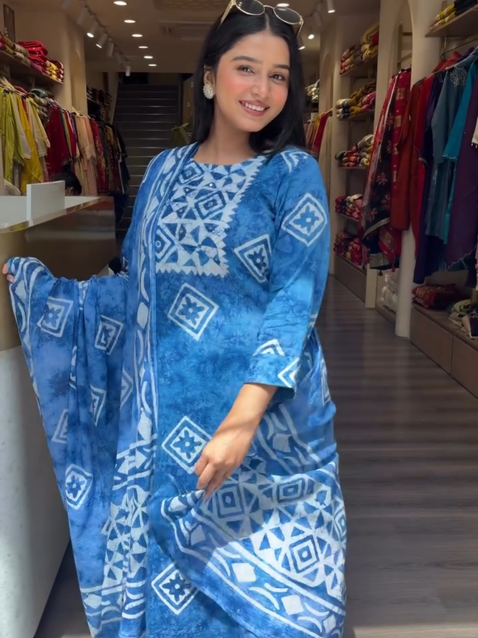 Blue Abstract Printed Lawn Suit with Dupatta for Women