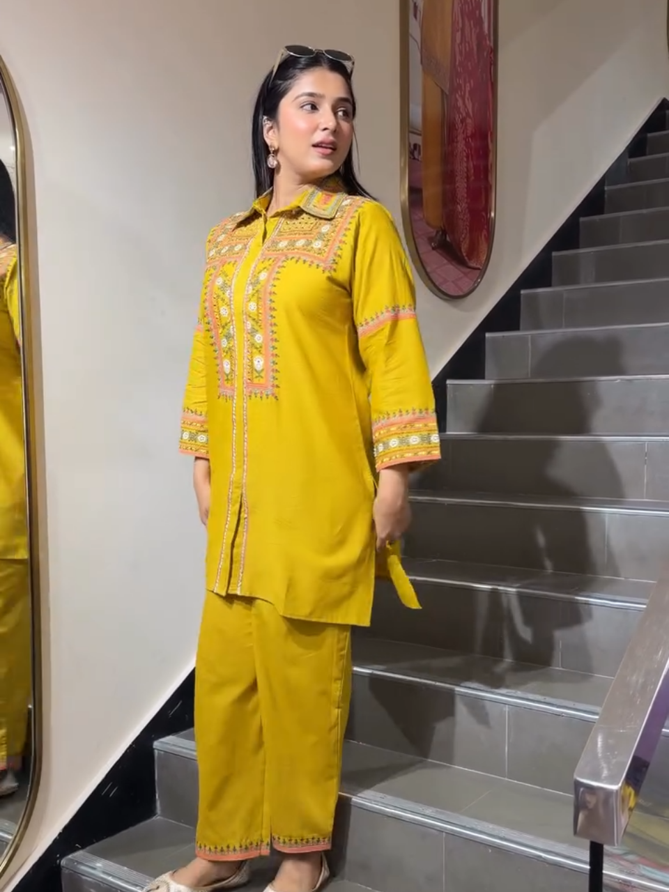 Mustard Yellow Embroidered Co-Ord Kurta Pant Set for Women