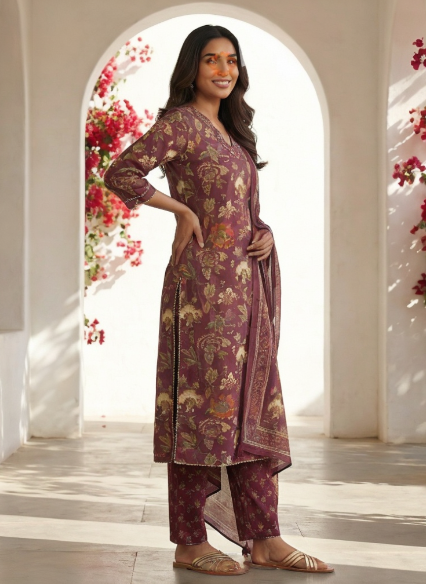 Purple Floral Printed Straight Kurta Pant Set with Dupatta for Women