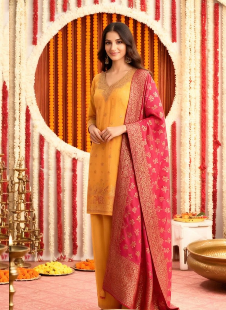 Mustard Yellow Embroidered Kurta Pant Set with Pink Dupatta for Women | Festive Ethnic Wear Suit