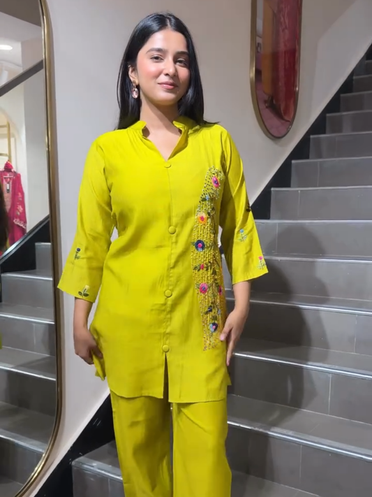 Lime Green Embroidered Co-Ord Set for Women