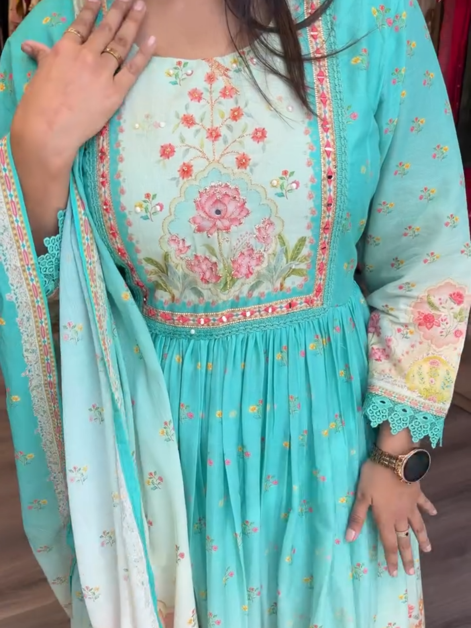 Sky Blue Floral Anarkali Cotton Kurta Set with Dupatta for Women