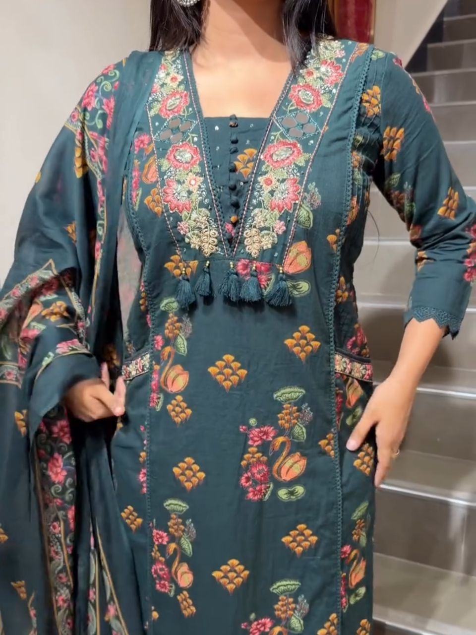 Elegant Dark Green Floral Printed Suit with Dupatta for Women