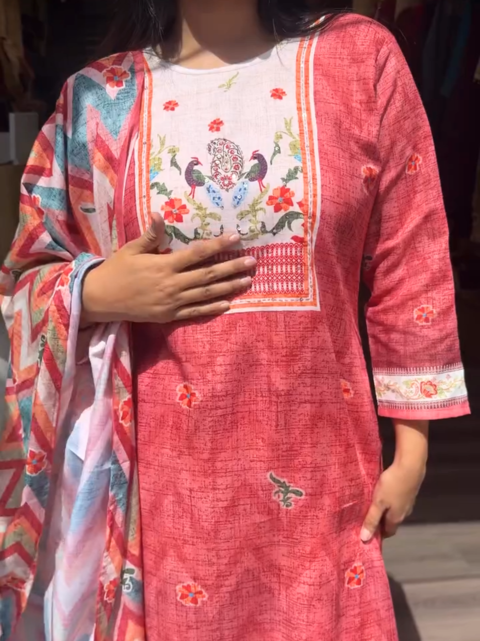 Red Printed Kurta Set with Chevron Dupatta for Women | Festive Ethnic Wear