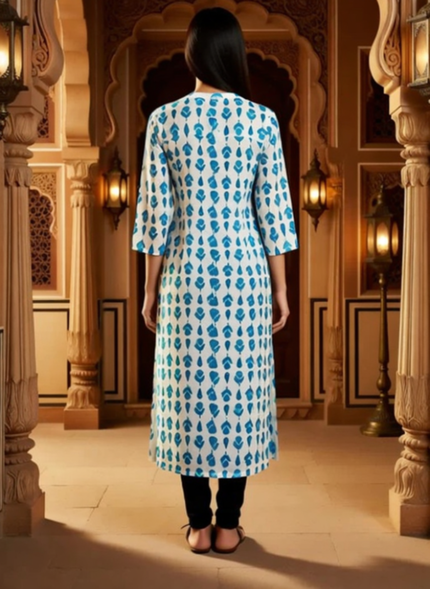 Woman in white and blue printed kurta, black pants, Encourage Fashion Gandhi Nagar store