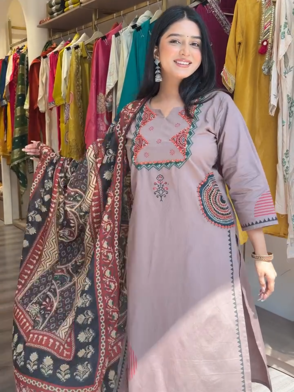 Taupe Brown Printed Kurta Set with Designer Dupatta – Women's 3 Piece Ethnic Suit Set