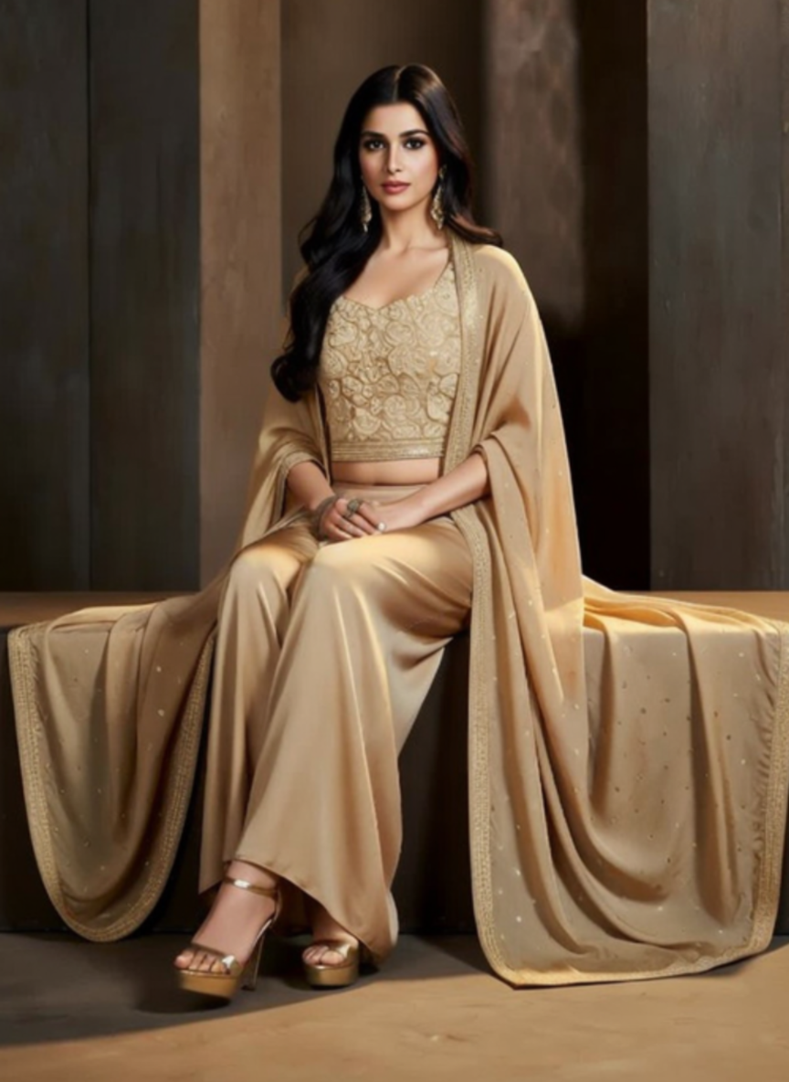 Elegant Beige Gold Embroidered Indo Western 3 Piece Set for Women