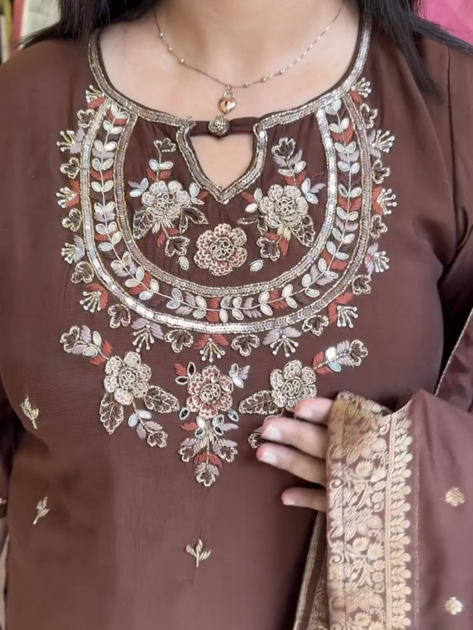 Elegant Brown Embroidered Salwar Kameez with Golden Dupatta