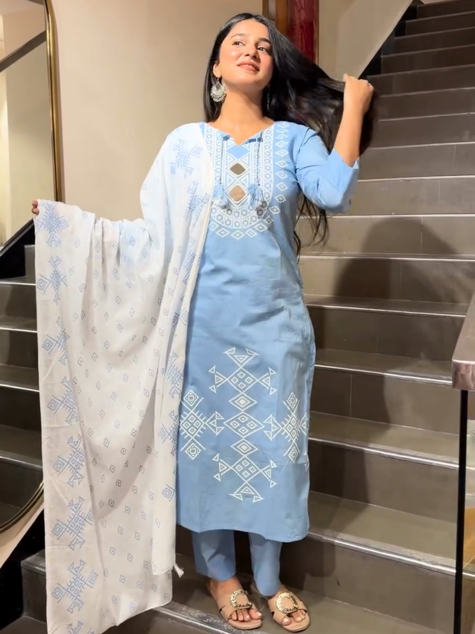Elegant Sky Blue Printed Cotton Kurta Pant Set with Dupatta for Women