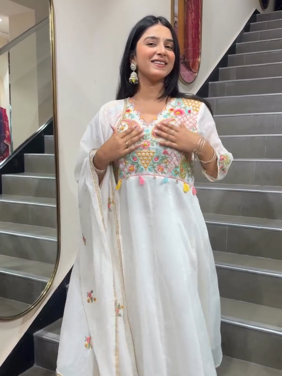 Women's White Embroidered Anarkali Suit Set with Dupatta | Floral Ethnic Party Wear