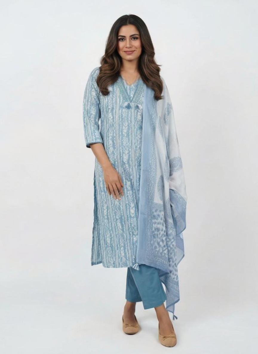 Women Sky Blue Printed Cotton Kurta Pant Dupatta Set