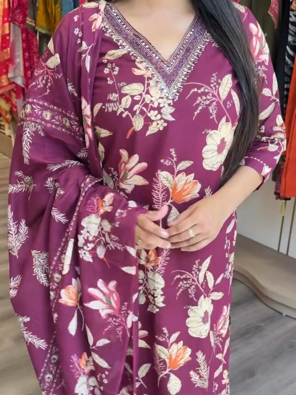 Wine Purple Floral Printed Cotton Kurta Set with Dupatta for Women